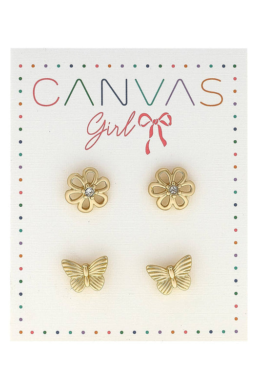 Open Flower & Butterfly Stud Earrings- Worn Gold