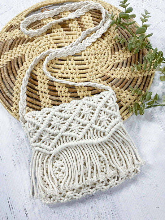 Cream Macrame Fringe Purse