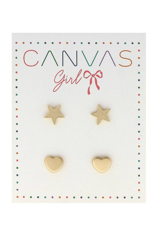 Star & Heart Stud Earrings - Worn Gold