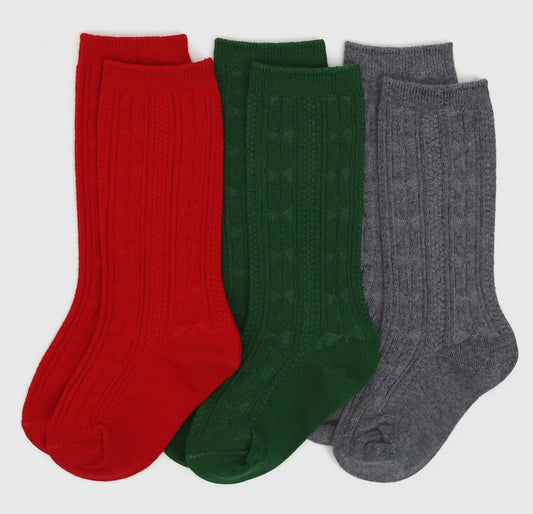 Little Stocking Co 3 Pack Cable Knit Knee High Socks - Christmas