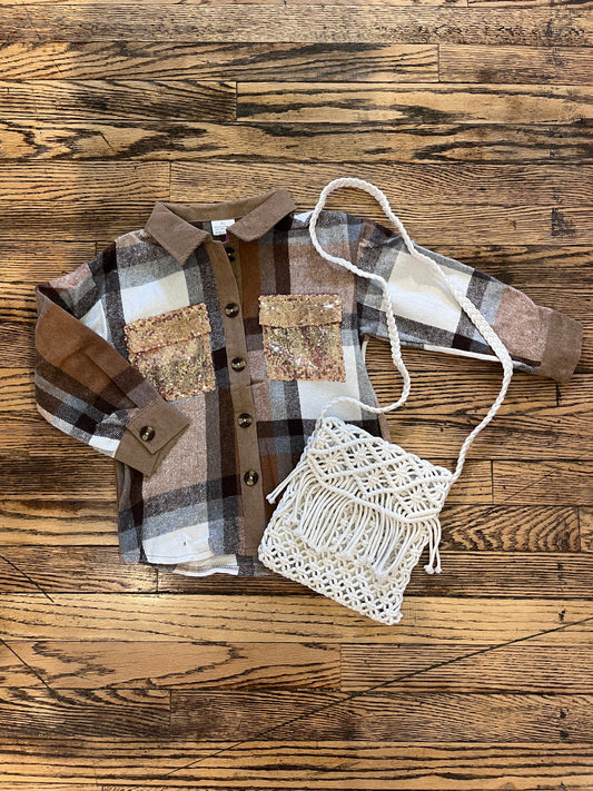 Brown Plaid Shacket with Sequin Pockets