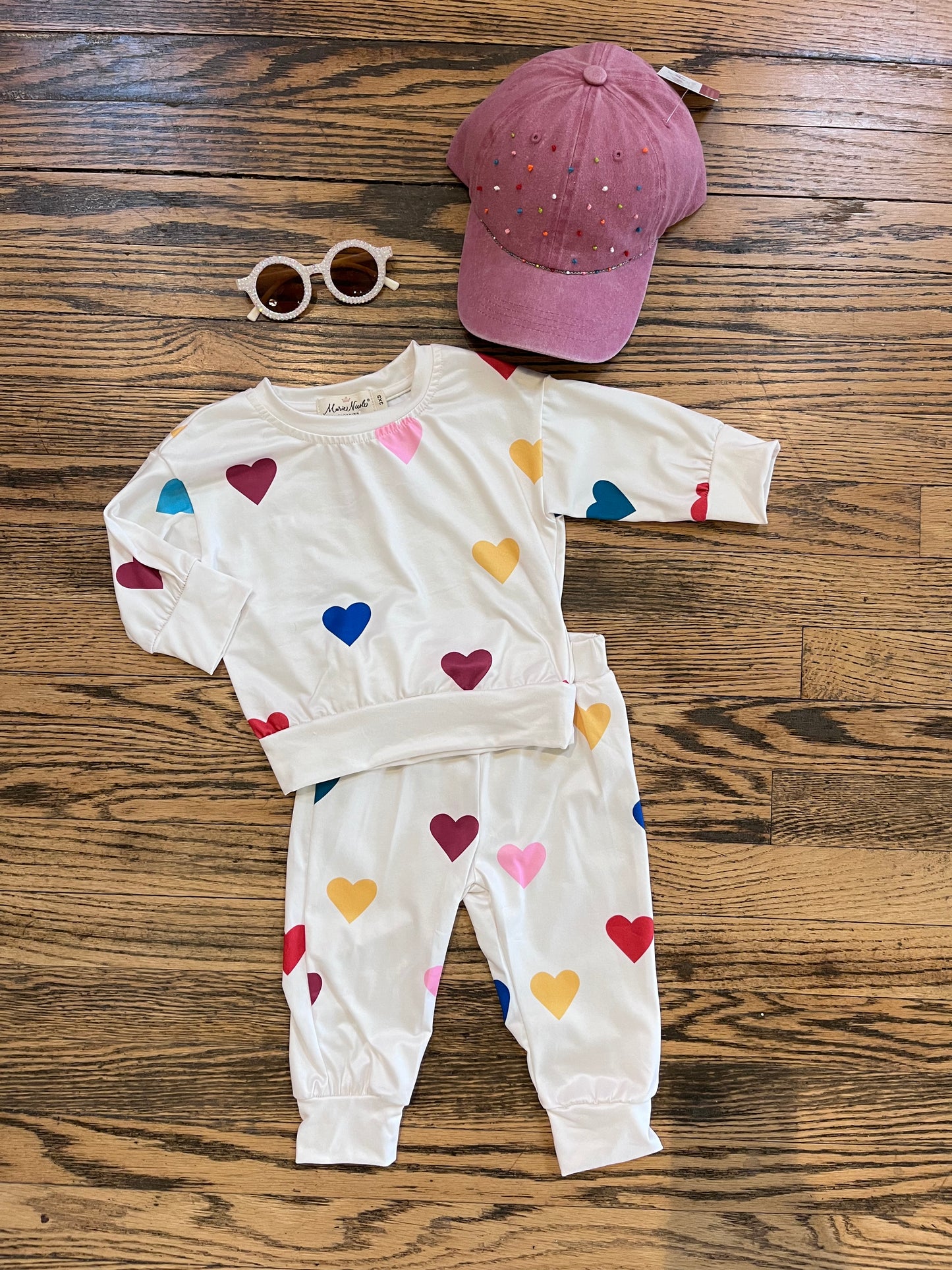 Cream Rainbow Hearts Two Piece Set