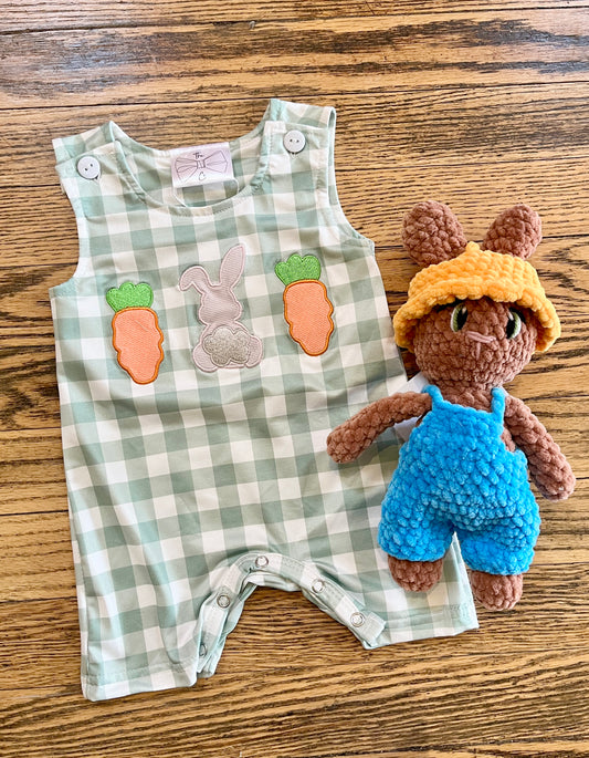 Green Gingham Embroidered Bunny Romper