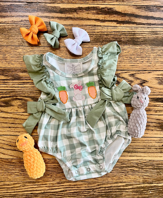 Green Gingham Embroidered Bunny Ruffle Romper