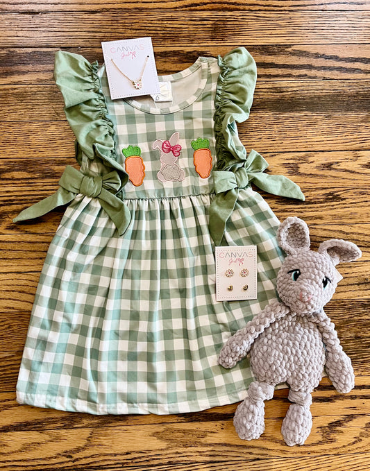 Green Gingham Embroidered Bunny Dress