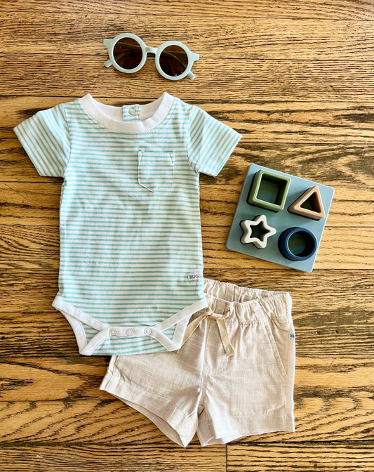 Vintage Aqua Stripe Short Sleeve Pocket Bodysuit