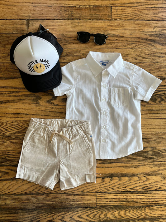 White Textured Short Sleeve Button Down Shirt